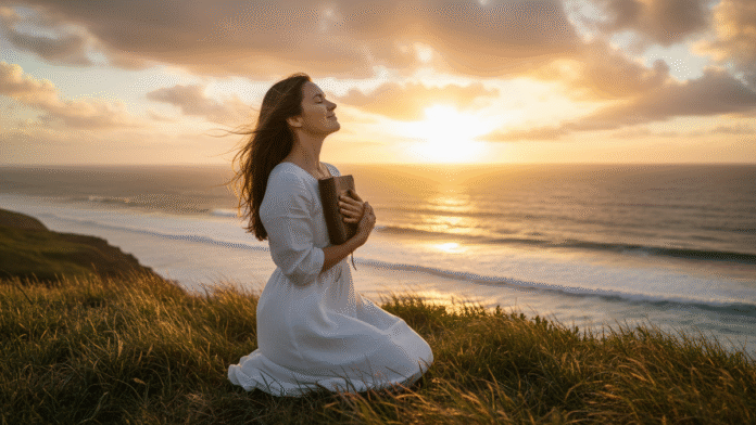 Mulher Orando ao Nascer do Sol Pessoa contemplando o nascer do sol com a Bíblia nas mãos, representando fé e esperança no cumprimento das promessas.