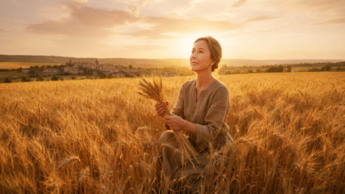 Mulher colhendo espigas Rute 1200x675 mulher colhendo espigas em campo dourado representando a fidelidade de Rute
