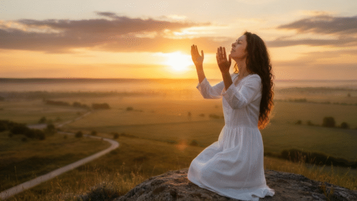 Mulher cristã orando amanhecer 1200x675 Mulher cristã orando ao amanhecer, simbolizando superação e vitória em Deus.