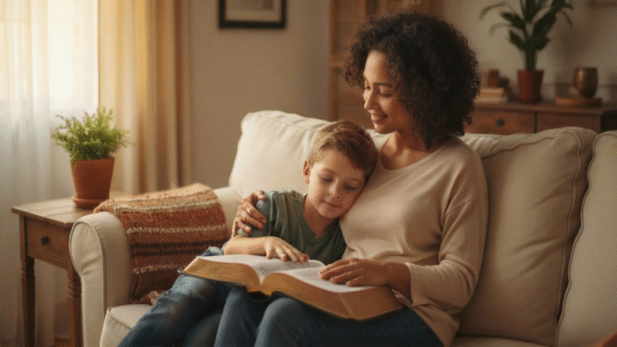 Mulher filho Bíblia maternidade propósito 1200x675 imagem de uma mulher com seu filho, com uma Bíblia ao lado, simbolizando maternidade e propósito