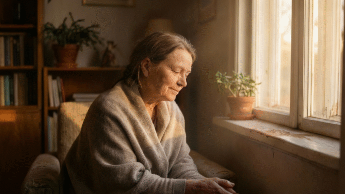 Mulher janela luz suave dor consolo 1200x675 mulher sentada perto de uma janela, iluminada por luz suave, simbolizando dor e consolo.