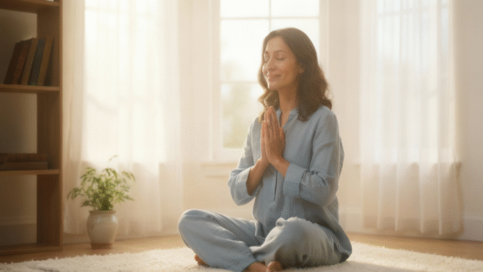 Mulher oração buscando calma 1200x675 imagem serena de uma mulher em oração buscando calma