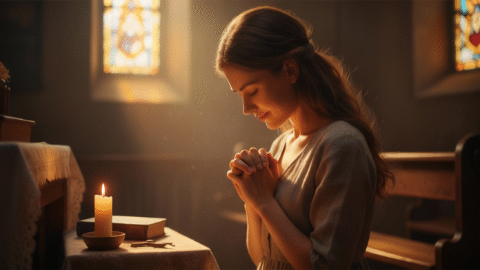 Mulher orando ajoelhada 1200x675 mulher orando ajoelhada com expressão de fé e entrega a Deus
