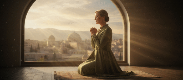 Mulher orando janela Mulher orando diante de uma janela, simbolizando Ester intercedendo pelo seu povo.