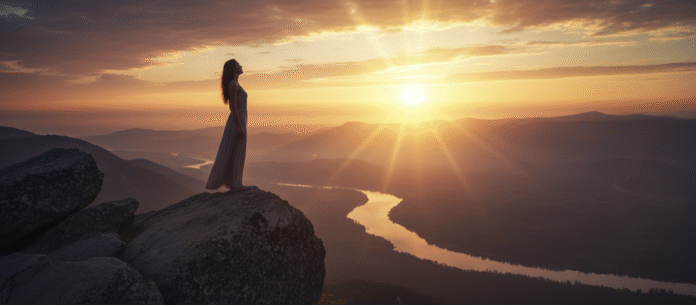 Mulher rocha nascer sol mulher em pé sobre uma rocha, olhando o nascer do sol, simbolizando esperança em Deus