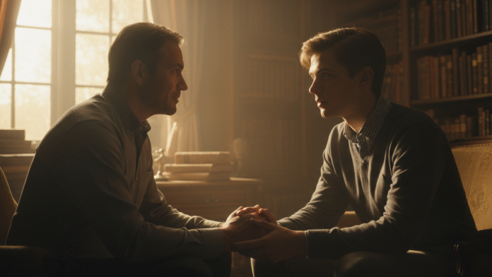 Pai e Filho Conversando imagem de um pai e filho conversando com carinho e seriedade