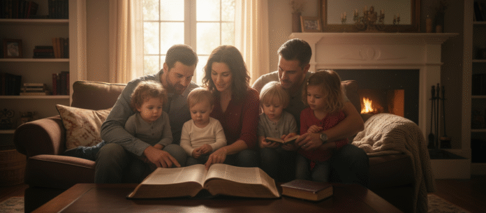 Pais lendo Bíblia filhos pais lendo a Bíblia com filhos simbolizando ensino cristão no lar
