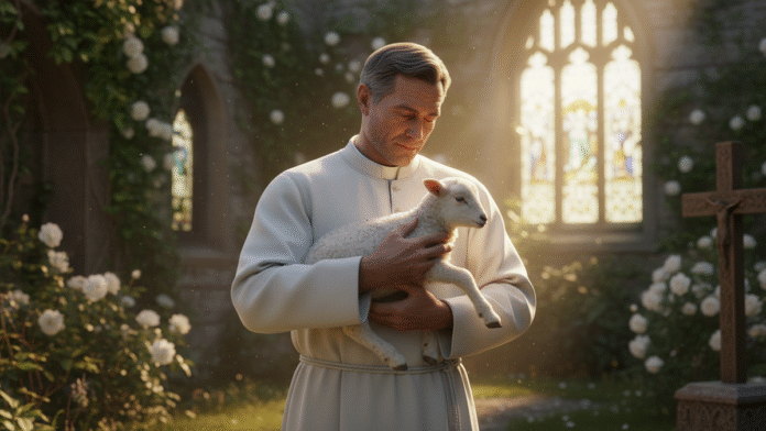 Pastor Protegendo a Ovelha Pastor segurando uma ovelha com cuidado e proteção