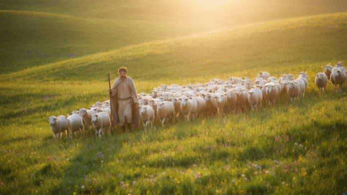 Pastor com ovelhas 1200x675 Pastor caminhando com ovelhas em um campo verde, simbolizando o cuidado de Deus.