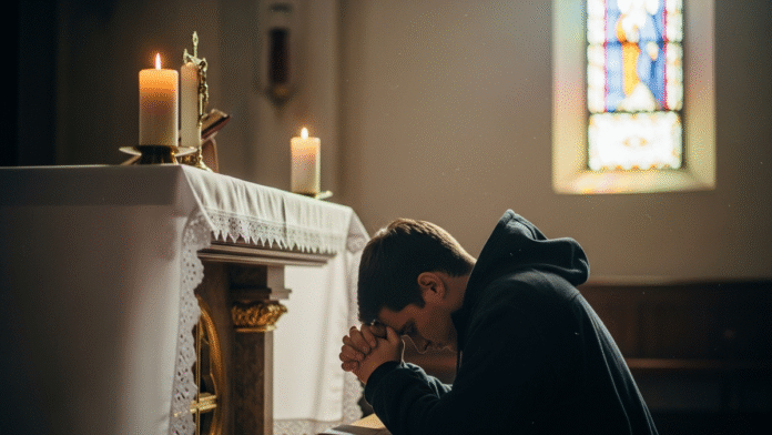 Pessoa Ajoelhada em Orção diante do Altar Pessoa ajoelhada em oração diante de um altar, representando aliança renovada com Deus.