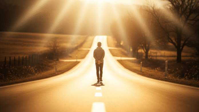 Pessoa Caminhando em Estrada Iluminada pessoa caminhando sozinha em estrada iluminada representando a presença de Deus
