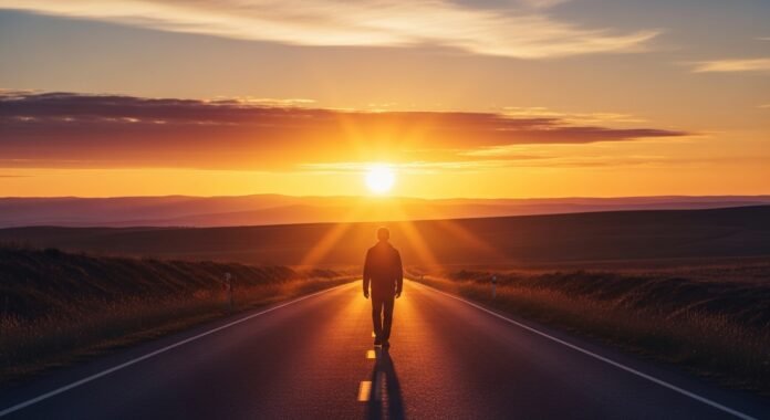Pessoa Caminhando na Estrada ao Amanhecer Pessoa caminhando em uma estrada ao amanhecer, simbolizando fé e confiança em Deus.