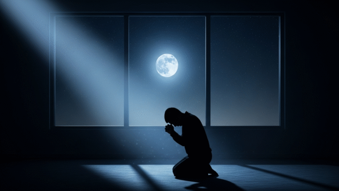 Pessoa Orando à Noite pela Janela Pessoa orando à noite diante da janela iluminada pela lua.