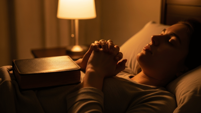 Pessoa Orando com Bíblia sobre o Peito Pessoa orando antes de dormir com a Bíblia sobre o peito, simbolizando paz e entrega a Deus.