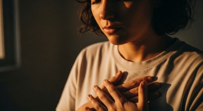 Pessoa Orando com Mãos sobre o Coração pessoa orando com as mãos sobre o coração entregando preocupações a Deus