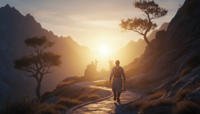 Pessoa Seguindo à Luz imagem de alguém seguindo em direção à luz, representando novos começos