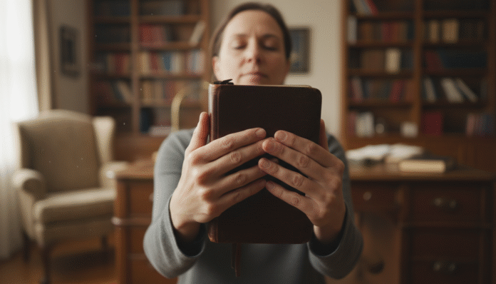 Pessoa Segurando Bíblia pessoa segurando a Bíblia com as duas mãos em postura de segurança