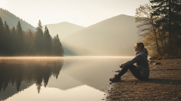 Pessoa Sentada à Beira do Lago Pessoa sentada à beira de um lago, simbolizando descanso e renovação espiritual em Deus.