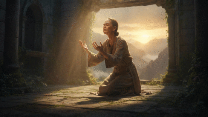 Pessoa ajoelhada mãos erguidas maturidade espiritual 1200x675 imagem de alguém ajoelhado ou de mãos erguidas, simbolizando busca por maturidade espiritual