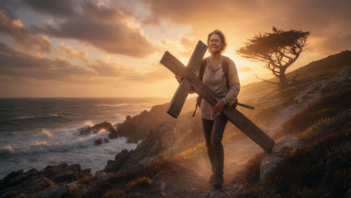 Pessoa caminhando com cruz 1200x675 pessoa caminhando com cruz nas mãos simbolizando fé em meio à dor