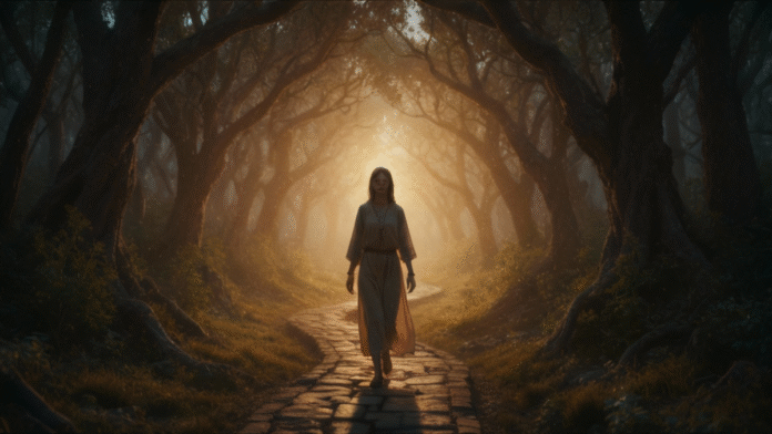 Pessoa caminhando luz fé 1200x675 pessoa caminhando em direção a uma luz suave, simbolizando fé