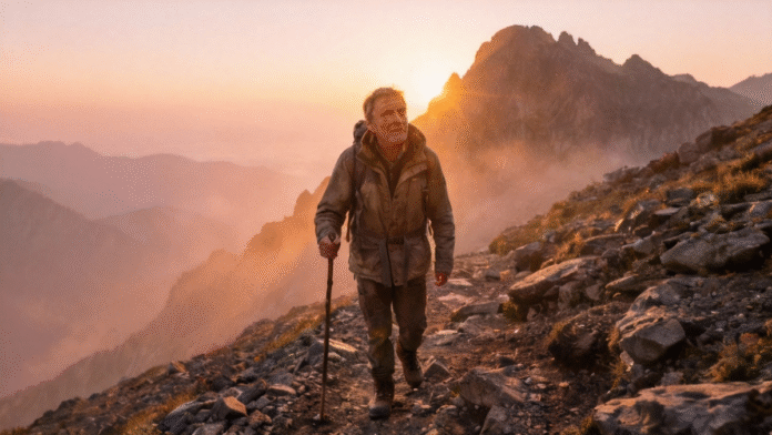 Pessoa caminhando montanha nascer sol 1200x675 imagem de alguém caminhando rumo ao topo de uma montanha iluminada pelo nascer do sol.