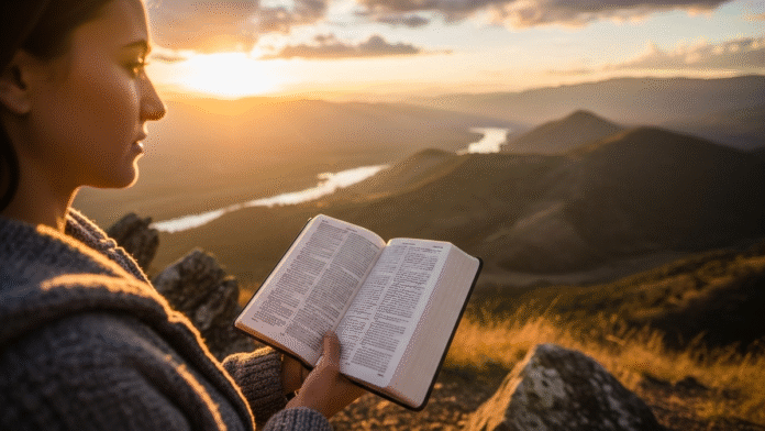 Pessoa com Bíblia diante do Horizonte pessoa segurando a Bíblia aberta diante do horizonte simbolizando esperança em Deus