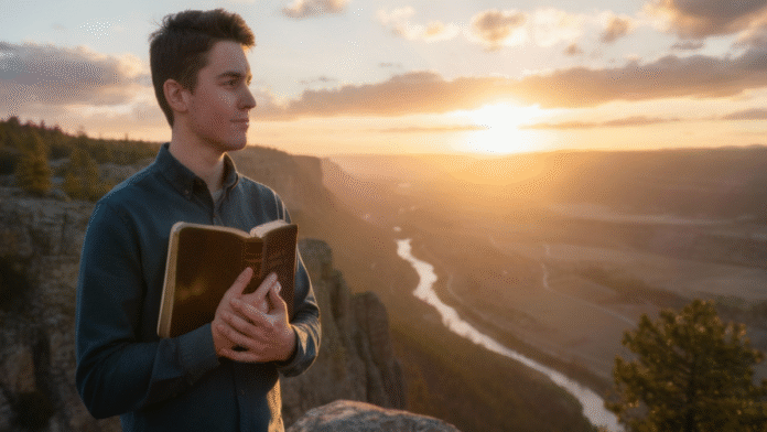 Pessoa contemplando nascer sol Bíblia 1200x675 Pessoa contemplando o nascer do sol com a Bíblia nas mãos, simbolizando propósito e fé em Deus.