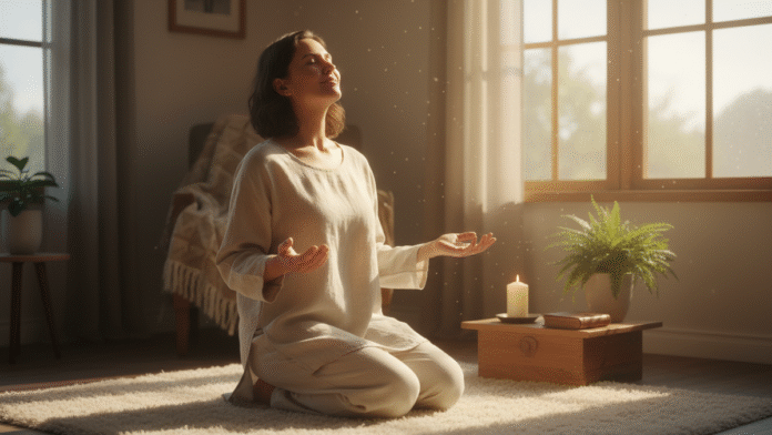 Pessoa em Descanso Espiritual pessoa em postura de descanso espiritual sob luz suave