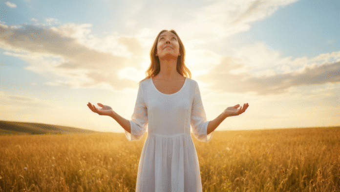 Pessoa erguendo olhar alto 1200x675 Pessoa erguendo o olhar para o alto, simbolizando fé e esperança em Deus.