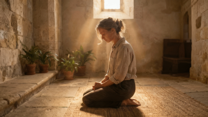 Pessoa joelhos oração silenciosa entrega confiança Deus 1200x675 pessoa de joelhos em oração em um ambiente silencioso, simbolizando entrega e confiança em Deus