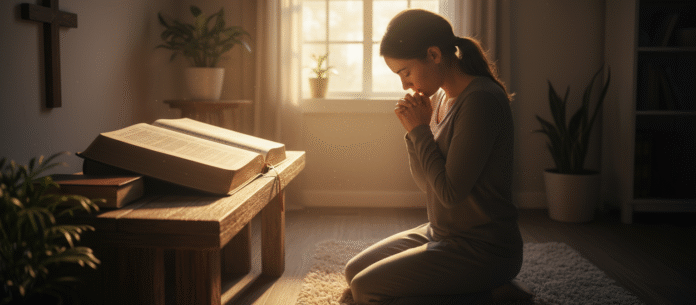 Pessoa oração diante Bíblia Pessoa em oração diante da Bíblia, simbolizando comunhão e intimidade com Deus.