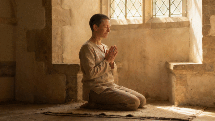 Pessoa oração serena entrega confiança 1200x675 imagem de alguém em postura de oração serena, simbolizando entrega e confiança