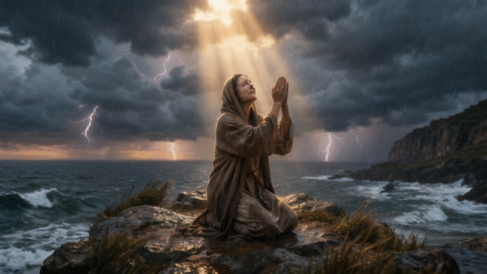Pessoa oração tempestade esperança testemunho 1200x675 Uma imagem inspiradora mostrando uma figura de joelhos em oração durante uma tempestade, com raios de luz rompendo as nuvens, simbolizando transição de dor para esperança e testemunho.