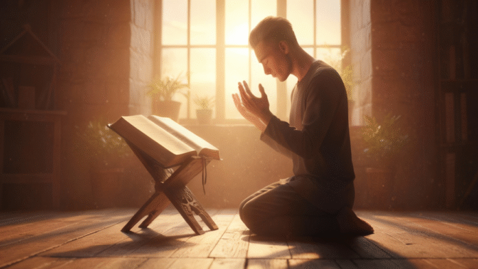 Pessoa orando ao amanhecer 1200x675 Pessoa orando ao amanhecer com Bíblia aberta, representando buscar primeiro o Reino de Deus.