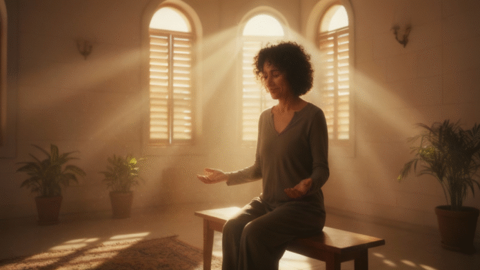 Pessoa orando luz restauração 1200x675 Pessoa orando em silêncio enquanto a luz atravessa o ambiente, simbolizando restauração emocional