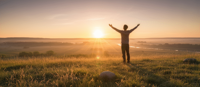 Pessoa orando nascer sol Pessoa orando com mãos erguidas ao nascer do sol, em atitude de gratidão.
