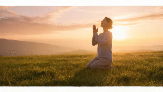 Pessoa orando nascer sol gratidão 1200x675 Pessoa orando ao nascer do sol, simbolizando gratidão pelos “sim” silenciosos de Deus.