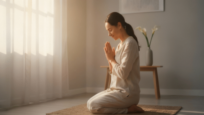 Pessoa orando paz entrega 1200x675 imagem serena de alguém orando, simbolizando paz e entrega
