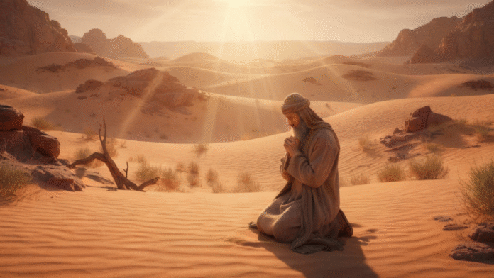 Profeta em Oração no Deserto 1200x675 Profeta em oração em meio ao deserto, representando Elias ouvindo a voz de Deus.