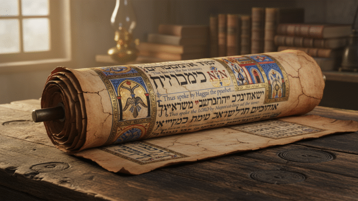 Rolo de Pergaminho - Profetas Menores Rolo de pergaminho em mesa antiga, simbolizando os profetas menores e suas mensagens
