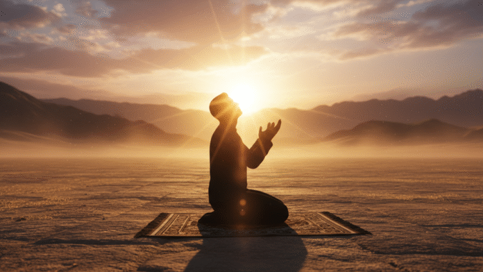 Silhueta em Oração Silhueta em oração enquanto o sol nasce, representando decisão e arrependimento