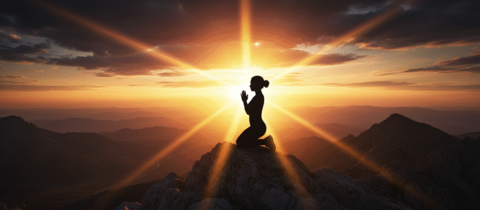 Silhueta oração sol força Silhueta de alguém em oração diante do sol, representando força espiritual em meio às lutas