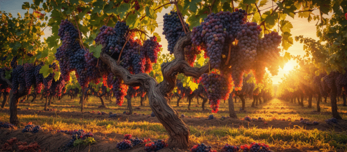 Videira frutos luz dourada videira carregada de frutos sob luz dourada representando vida frutífera em Cristo