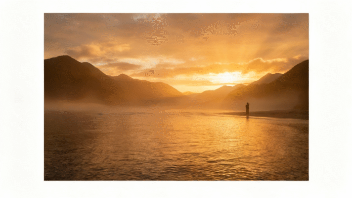 Amanhecer dourado restauração justiça divina 1200x675 Amanhecer dourado iluminando um horizonte calmo, simbolizando restauração e justiça divina.