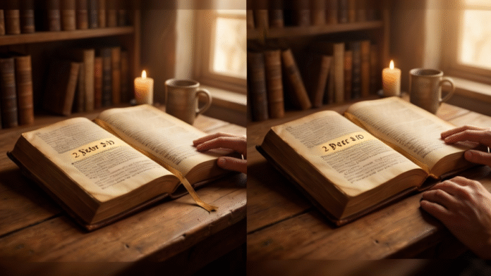 Bíblia 2 Pedro 3_10 luz suave 1200x675 Bíblia aberta destacando o texto de 2 Pedro 3:10 com luz suave ao fundo.