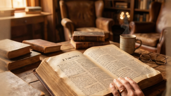 Bíblia 2 Timóteo luz suave estudo 1200x675 Bíblia aberta na carta de 2 Timóteo com luz suave e clima de estudo.