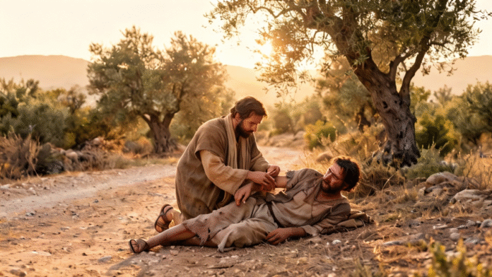 Bom samaritano ajudando homem ferido 1200x675 Ilustração suave representando o bom samaritano ajudando o homem ferido