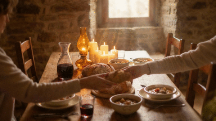 Mesa preparada luz quente provisão Bom Pastor 1200x675 Mesa preparada com luz quente, representando a provisão e proteção do Bom Pastor.