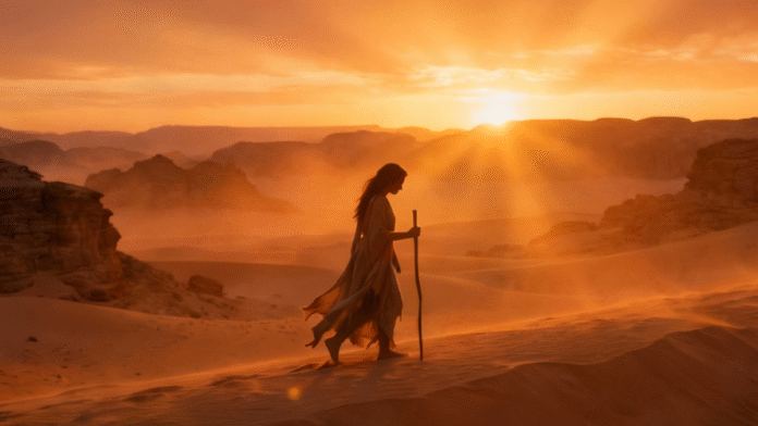 Silhueta mulher deserto amanhecer aflição direção divina 1200x675 Silhueta de uma mulher caminhando no deserto iluminado pelo amanhecer, simbolizando aflição e direção divina.